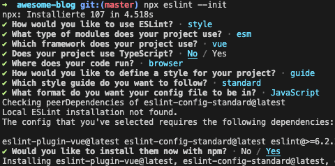 Console output of npx eslint --init